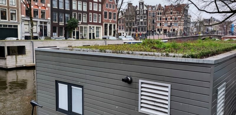 sedum and water retaining roof on an Amsterdam house boat